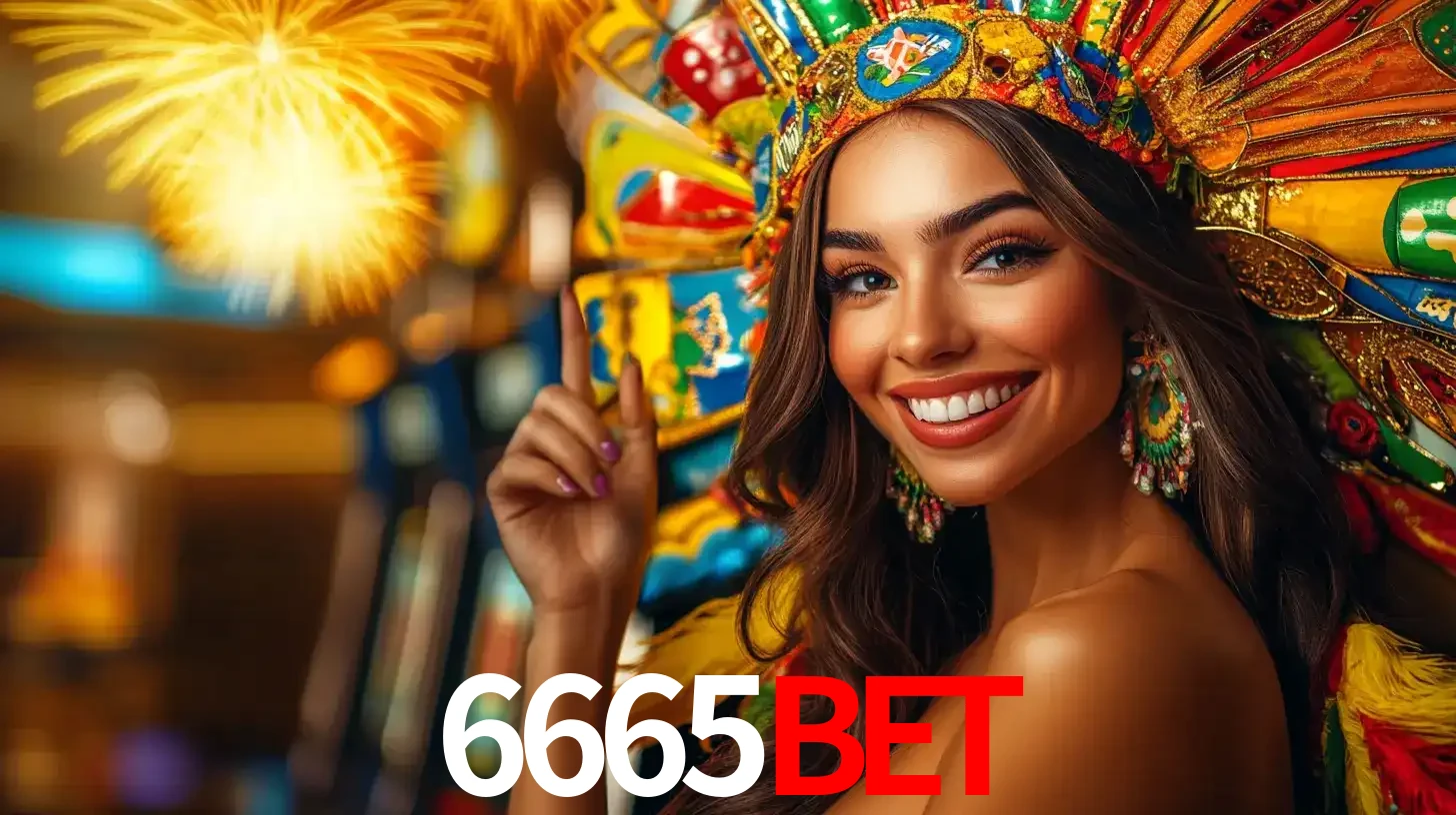 Mulher sorridente com um cocar de carnaval vibrante e colorido, celebrando uma grande vitória nos jogos do cassino 6665BET com fogos de artifício ao fundo.