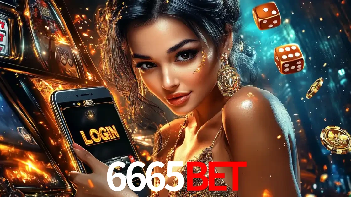 Mulher glamourosa segurando um celular com a tela de login do cassino 6665BET, rodeada por dados e moedas douradas, pronta para começar a diversão.