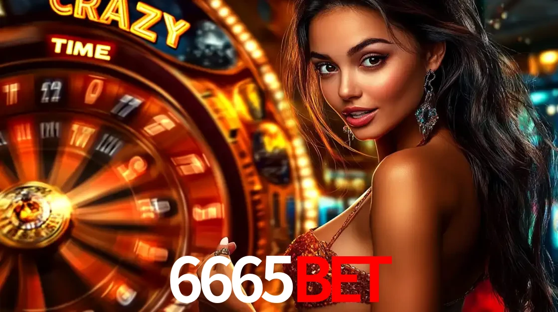 Mulher ao lado da roda de prêmios do jogo de cassino ao vivo Crazy Time, um dos shows de jogos mais emocionantes oferecidos pela plataforma de apostas 6665BET.