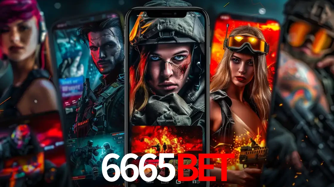 Montagem de telas de celular mostrando diversos personagens, masculinos e femininos, de um jogo de tiro, ilustrando a diversidade de equipes de e-sports para apostar no 6665BET.