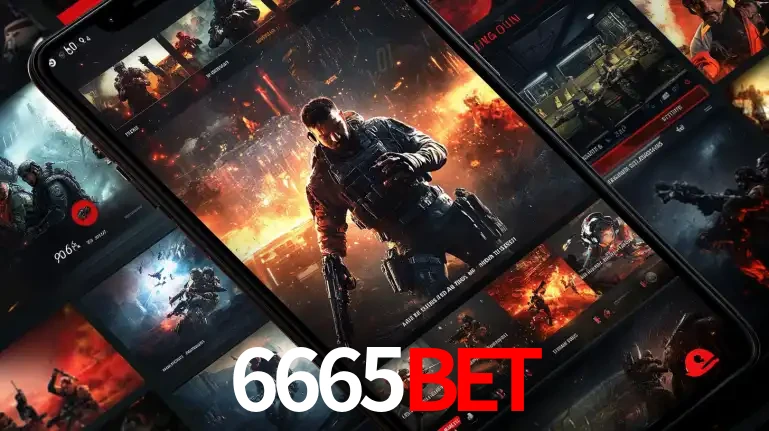 Tela de um celular exibindo uma galeria de jogos de tiro com temática militar, mostrando a variedade de e-sports disponíveis para apostas na plataforma de entretenimento 6665BET.