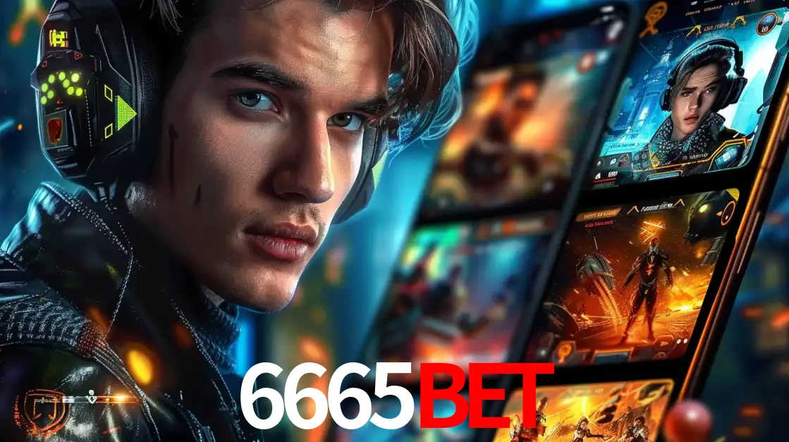 Jovem jogador com fones de ouvido olhando para a câmera, com um aplicativo de jogos e e-sports para celular ao fundo, pronto para a competição e apostas no 6665BET.