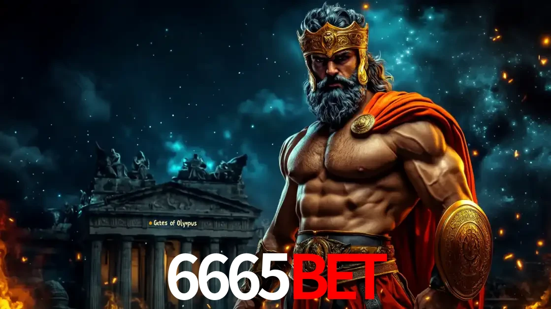 O poderoso Zeus do jogo de slot Gates of Olympus em frente ao seu templo, pronto para lançar multiplicadores divinos e prêmios épicos no cassino online 6665BET.