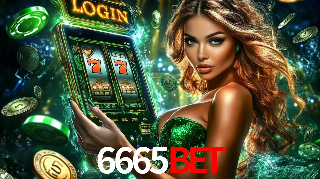 Mulher com tema verde apresentando o aplicativo do cassino 6665BET com um jogo de slot de 777, cercada por fichas de cassino e uma aura de sorte.