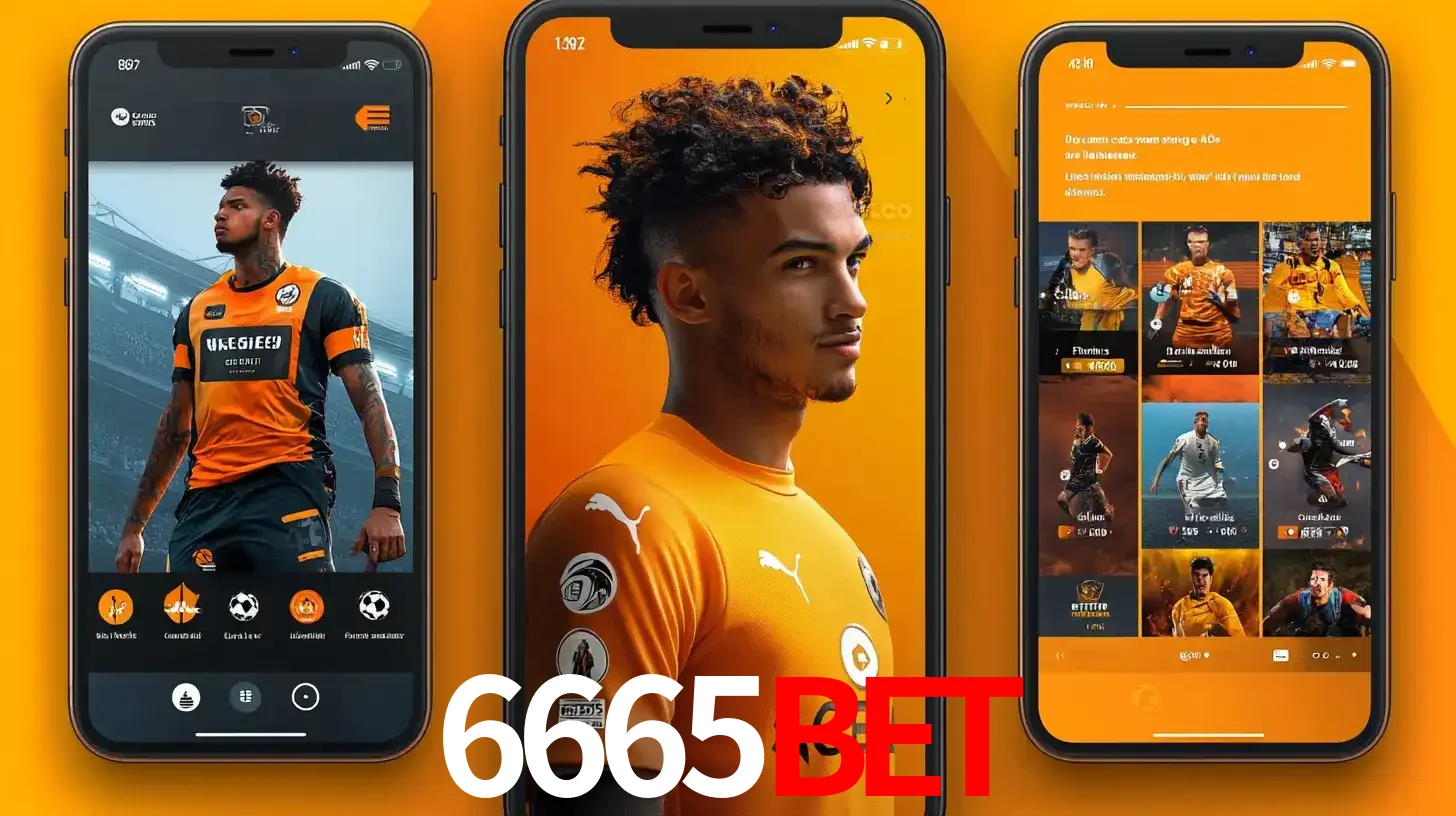 Interface do aplicativo de apostas esportivas 6665BET em três telas de celular, mostrando o perfil de um jogador de futebol e a lista de jogos disponíveis para apostar.