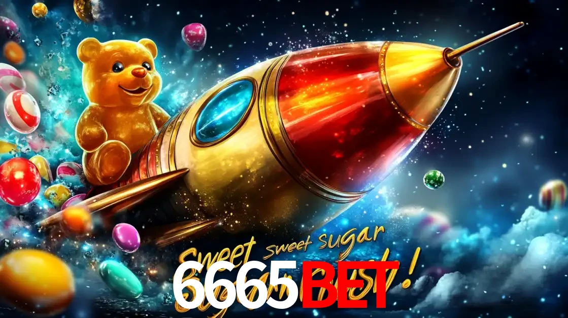 Arte promocional do jogo de slot Sugar Rush, com um urso de pelúcia em um foguete viajando pelo espaço de doces, um dos jogos divertidos disponíveis no cassino 6665BET.