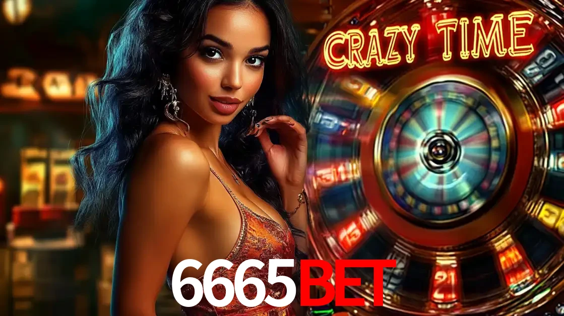 Mulher elegante ao lado da vibrante roda da fortuna do jogo de cassino ao vivo Crazy Time, um dos game shows mais populares e cheios de prêmios do 6665BET.