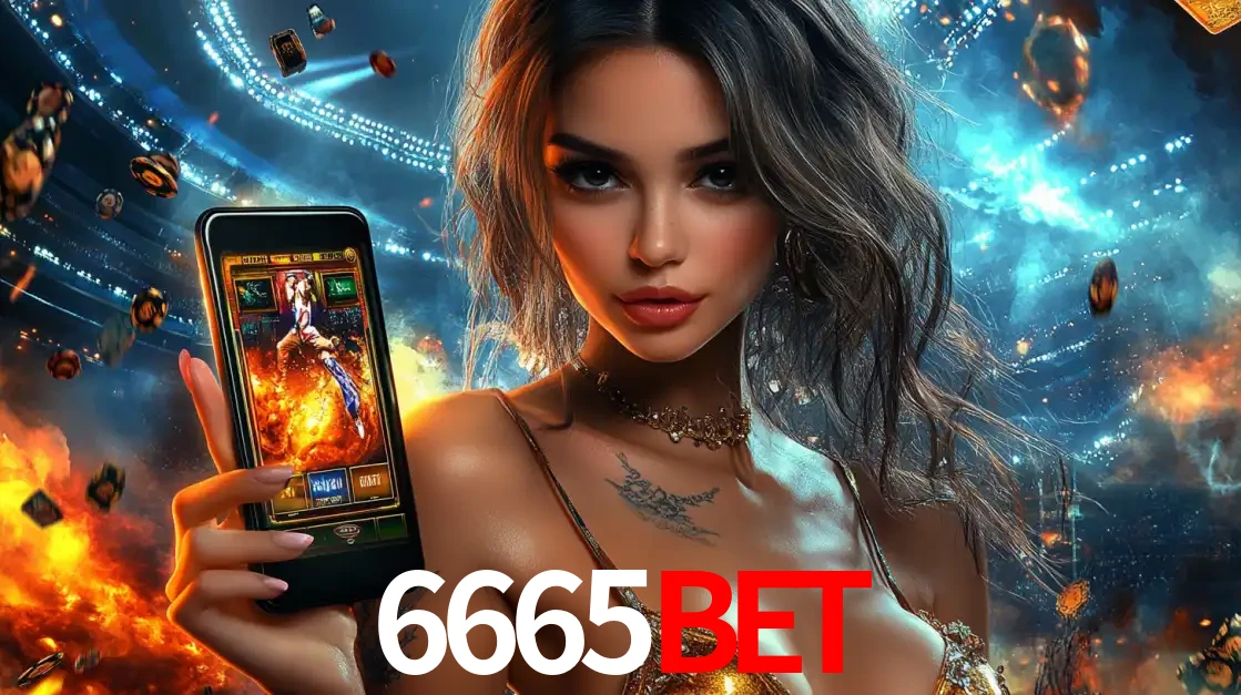 Mulher segurando um celular com um jogo de slot em destaque, tendo como fundo um estádio vibrante, simbolizando a emoção de jogar no cassino móvel 6665BET.