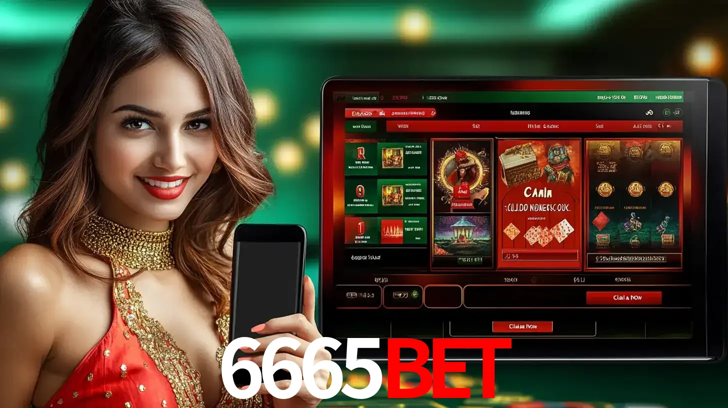 Mulher sorridente segurando um smartphone, ao lado de uma tela exibindo o lobby de jogos do cassino online 6665BET, com várias opções de jogos de cartas e slots.